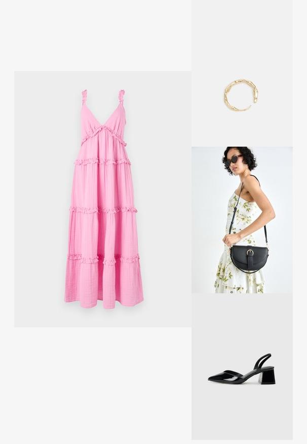 Rožinė daugiasluoksnė suknelė, pagaminta iš lengvos medžiagos, su voliukais ant dirželių ir akcentais. Turi V formos iškirpę ir lengvą dizainą su horizontaliais raukšlėmis.; Juodos lakuotos odinės šlepetės su smailiu pirštu ir geometriniu bloko kulnu. Turi elegantišką, minimalistinį dizainą ir lygų paviršių.; Juodas odinis krepšys su išlenkta forma, nuimamu dirželiu ir auksiniais detalėmis. Krepšys turi kilpą su sagtimi.; Auksinės spalvos žiedas, turintis organišką, sukimosi dizainą su lygiu paviršiumi ir siaurėjančiais galais, sukuriantis modernią skulptūrinę išvaizdą.