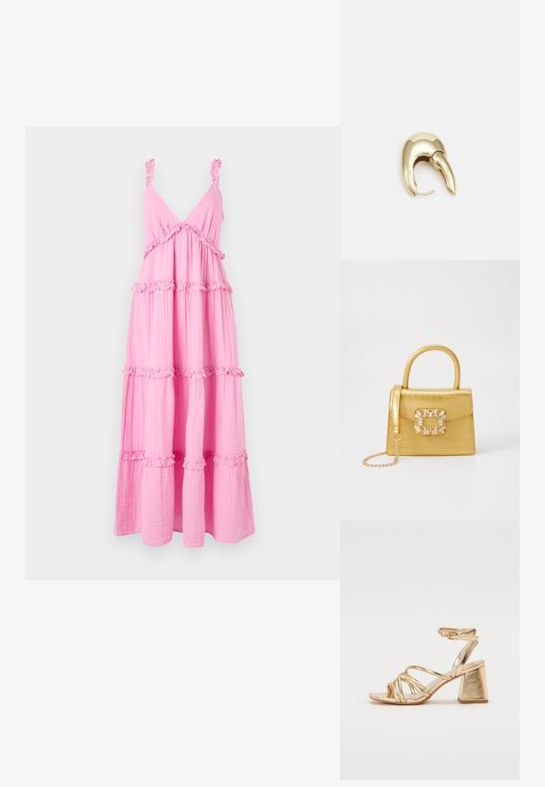 Rozā līmeņu kleita, kas izgatavota no viegla auduma ar viļņainām siksnām un akcentiem. Tai ir V-veida kakla izgriezums un plūstoša detaļa ar horizontālām krokām.; Zelta metāla papēžu sandales ar siksnu dizainu, kvadrātveida bloku papēdi un regulējamu potītes siksnu ar sprādzi. Gluda tekstūra.; Dzeltena mākslīgā krokodila roku soma ar strukturētu dizainu, augšējo rokturi, noņemamu ķēdes siksniņu un dekoratīvām kristāla rotājumiem aizdares daļā.; Zeltīti metāla auskari ar gludu, izliekta dizaina. Ar atšķirīgu smailu formu, pulētu virsmu un eņģu aizdari.