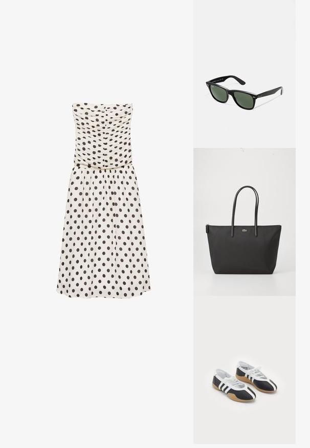 Sukienka bez ramiączek w kremowym kolorze w ciemno-brązowe kropki, z marszczonym biustem i zwiewną spódnicą. Gładka tekstura, długość do kolan.; Czarno-białe buty sportowe o smukłym designie, gumowej podeszwie, sznurowanym zapięciu i trzema białymi paskami po bokach.; Czarne plastikowe okulary przeciwsłoneczne z zielonymi szkłami, kwadratowe oprawki, srebrny akcent na brwi oraz fakturowane ramiona temple. Nazwa marki podana na wewnętrznej stronie ramion.; Czarna torba na ramię z dwoma długimi uchwytami, zamkiem błyskawicznym u góry oraz małym zielonym logo krokodyla umieszczonym centralnie poniżej uchwytów.