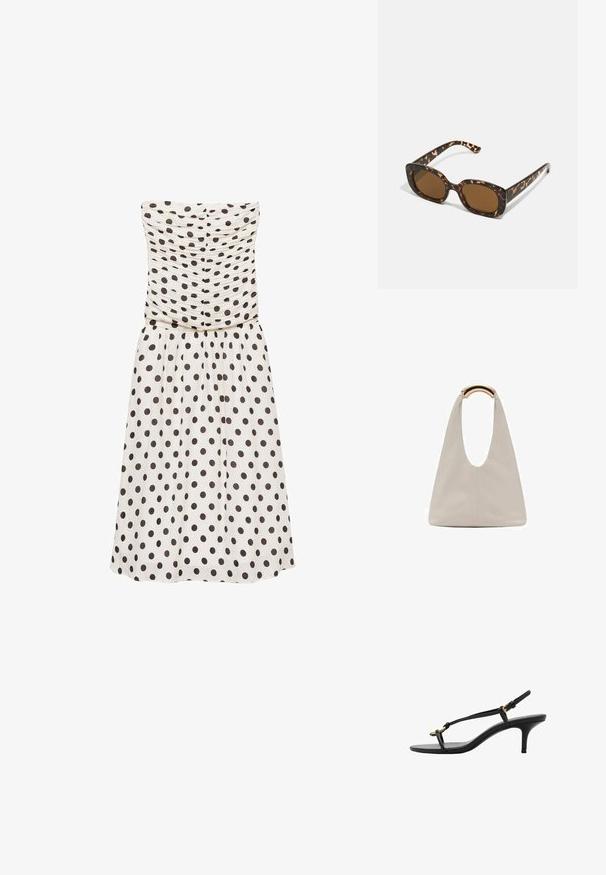 Stropeløs, cremet kjole med mørkebrune prikker, der har en rynket bodice og en svævende nederdel. Blød tekstur, knælang design.; Sort læder kitten hæl sandal med tynde stropper, guldspænde og minimalistisk tå løkke på en hvid baggrund.; Skildpadde-solbriller med en rund, kraftig ramme og brune linser. Har subtile mønstre og lige, afsmalnende stænger.; Lysegrå lædertaske med et U-formet design og et buet metallisk håndtag. Glat tekstur med minimal syning og ingen synlige mønstre.