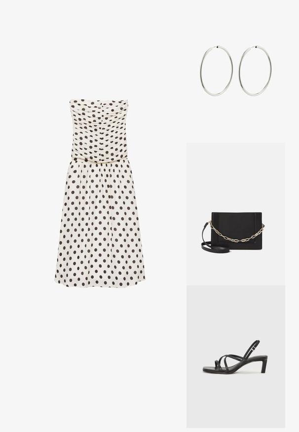 Brezramenska, krema obleka s temno rjavimi pikami, ki ima nagubano zgornji del in flowing krilo. Gladka tekstura, do kolen.; Črne natikače s trakovi in kvadratnim prstom ter nizkim blokastim peto. Imajo več tankih trakov in nastavljiv trak okoli gležnja. Narejene so iz gladkega usnja.; Črna usnjena torba čez ramo z gladko teksturo, pravokotno obliko in kovinskim verižnim detajlom spredaj. Vključena je nastavljiva naramnica.; Srebrni obroči za ušesa z gladko, polirano površino. Krožna oblika, enakomerna širina, zasnovani za enostavno zapiranje. Preprosto in elegantno.
