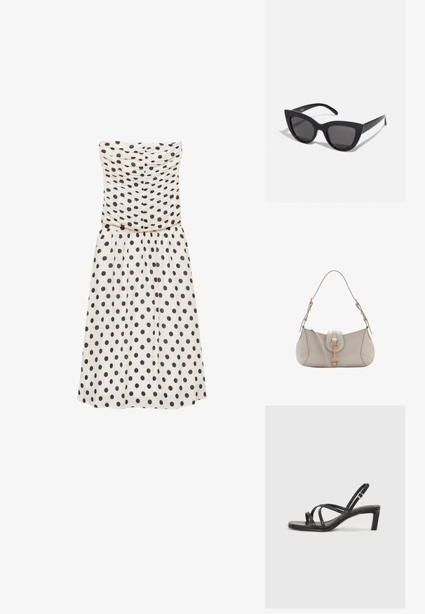 Utan axelband, krämfärgad klänning med mörkbruna prickar, med ett rynkat liv och en flödande kjol. Slät textur, knälång design.; Svart sandaler med remmar och fyrkantig tå samt låg blockklack. Har flera tunna remmar och en justerbar ankelrem. Tillverkad av mjukt läder.; Svarta kattögon-solglasögon med matt yta, utrustade med gråtonade linser, skarpa vinklar och slanka sidobågar. Varumärket synligt på den inre bågen.; Ljusgrå läderhandväska med en böjd form, guldfärgad hårdvara, ett framfäste och sömnadsdetaljer. Justerbar axelrem ingår.