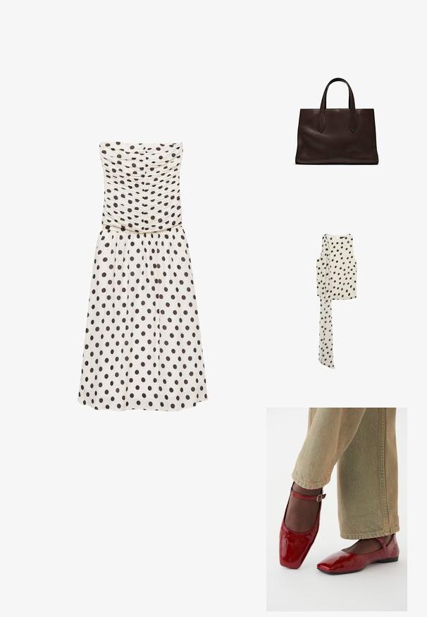 Trägerloses, cremefarbenes Kleid mit dunkelbraunen Punkten, ausgestattet mit einem gerüschten Oberteil und einem fließenden Rock. Glatte Textur, knielanges Design.; Mango ADELA - Top - off-white; Rote Lacklederschuhe mit quadrater Zehenform, niedrigem Absatz und Knöchelriemen, kombiniert mit hellgrünen weiten Jeans. Glatte Textur, reflektierende Oberfläche.; Braune Ledertasche mit zwei langen Griffen, strukturierte rechteckige Form, glatte Textur und dezente Nähdetails.