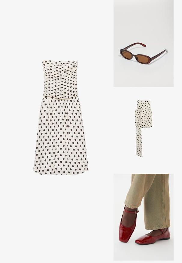Trägerloses, cremefarbenes Kleid mit dunkelbraunen Punkten, ausgestattet mit einem gerüschten Oberteil und einem fließenden Rock. Glatte Textur, knielanges Design.; Mango ADELA - Top - off-white; Rote Lacklederschuhe mit quadrater Zehenform, niedrigem Absatz und Knöchelriemen, kombiniert mit hellgrünen weiten Jeans. Glatte Textur, reflektierende Oberfläche.; Runde, braun getönte Sonnenbrillen mit einem glänzenden burgunderfarbenen Rahmen. Schlanke Bügel mit dezentem Branding. Flaches Linsendesign.