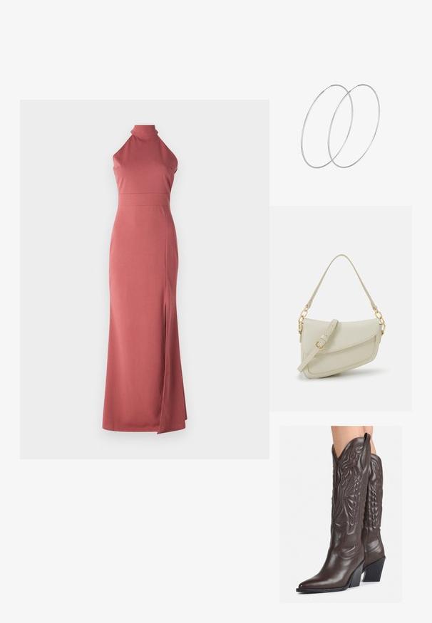 Maxikleit tuhmunud roosas toonis, kaeluseosa kinnitusega, kitsas lõige, valmistatud siledast kangast, vasakul küljel reielõhik lisaks disainielemendina.; Pruunid nahast cowboy saapad terava varbaga ja plokk-kandaga, millel on detailne tikand ja kergelt tõstetud aktsendid varrel.; Väike kreemjas käekott tekstureeritud viimistlusega, pikendatav rihm, ketiläbimõõt ja klapiga sulgemine. Kuldsed metalldetailid.; Hõbedased rõngastikkaehingad minimalistlikus disainis. Ümar kuju, sile tekstuur ja õhuke profiil. Kerged ning poleeritud viimistlusega.