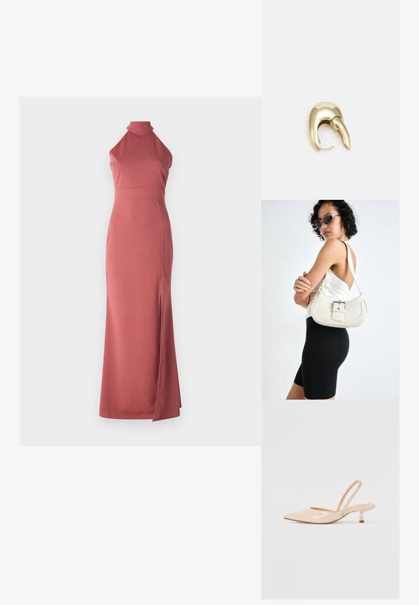 Maxi haljina u boji prašnjave ruže, s halter izrezom, uskog kroja, izrađena od glatkog materijala s prorezom do bedra na lijevoj strani za dodatni dizajnerski detalj.; Bež sandale od lakirane kože s uskim vrhom i tankim, kvadratnim potpeticom. Glatka tekstura i minimalistički dizajn bez ukrasnih detalja.; Bijela kožna torbica s zakrivljenim oblikom, podesivim remenom i malim detaljem kopče. Model nosi usklađeni crni outfit.; Zlatne metalne naušnice s elegantnim, zakrivljenim dizajnom. Imaju karakterističan šiljast oblik, poliranu površinu i zatvaranje na šarku.