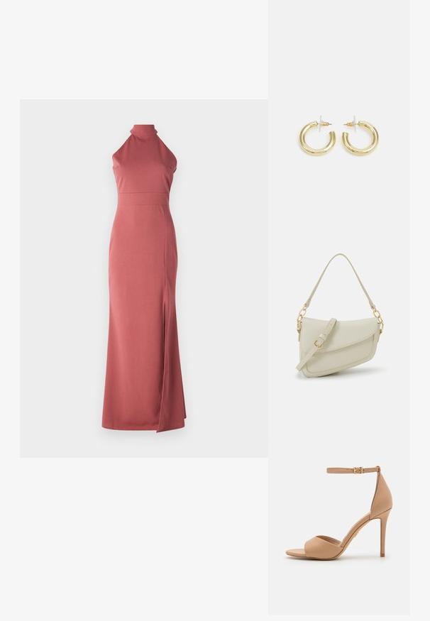 Maxi ruha poros rózsaszínben, pántos nyakkivágással, testhez simuló fazonban, sima anyagból, bal oldalon combig érő hasítékkal a dizájn kiemeléséhez.; ALDO CRERIDE PILLOW WALK - Szandálok - beige; Kis krémszínű táska texturált felülettel, hosszú, állítható pánttal, láncos díszítéssel és fedéllel záródik. Aranyszínű fém részletek.; Arany fülbevalók sima, fényes felülettel. Kör alakú dizájn, amely kis kapoccsal és átlátszó tartozékkal rendelkezik a biztonságos viselés érdekében.