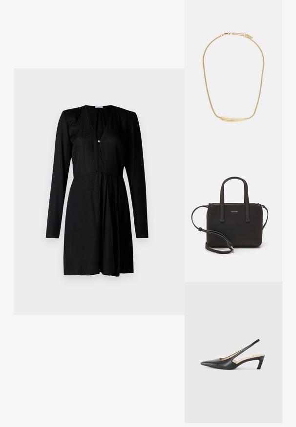 Patrizia Pepe ABITO - Vestido informal - nero; Zapato negro de punta afilada tipo slingback con un tacón bajo, que presenta un material de cuero suave y un diseño recortado en el lateral para mayor transpirabilidad.; Bolso de mano negro con dos asas cortas y una correa de hombro removible. Material suave tipo cuero con cierre de cremallera y detalle del logo.; Collar de oro con un acento central suave y curvado. Presenta una cadena flexible con un cierre de langosta y enlaces de cadena adicionales ajustables.