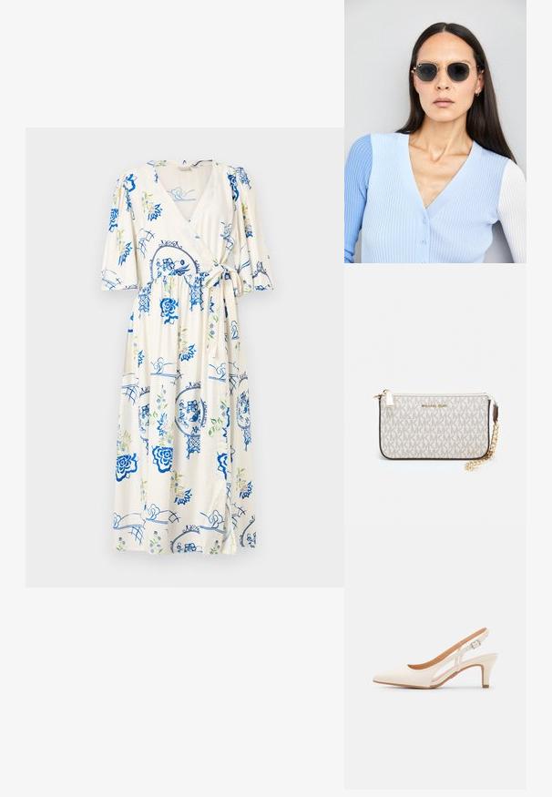 Wickelkleid aus leichtem Cremestoff mit blauen Blumenmustern und grünen Akzenten. Kurze Puffärmel, Bindeband in der Taille und knielang.; Weiße Slingback-Absätze mit spitzer Zehenpartie, glattem Obermaterial, niedrigem Blockabsatz und seitlichem Ausschnitt-Design mit verstellbarem Schnallenriemen.; Runde Sonnenbrillen mit dunklen Gläsern und goldenen Rahmen. Das Modell trägt eine hellblaue, gerippte Strickjacke mit Knöpfen und weißen Kontrastärmeln.; Michael Kors Clutch in beige beschichtetem Canvas mit einem wiederholten MK-Logo-Muster, goldfarbener hardware und einem abnehmbaren Kettenriemen.