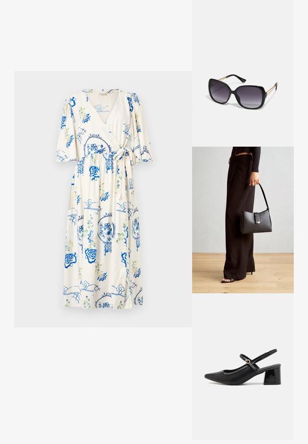 Rochie în nuanță de crem deschis, confecționată dintr-un material ușor, cu modele florale albastre și accente verzi. Mâneci scurte tip puff, detaliu cu funda la talie și lungime până la genunchi.; Cizme cu toc slingback din piele sintetică lacuită neagră, cu vârful ascuțit, un design cu decupaj rotunjit și toc bloc. Include un accent cu cataramă de culoare aurie.; Ochelari de soare negri, supradimensionați, cu lentile degradate, rame groase și detalii cu lanț de ton auriu pe brațele templului.; Genți negre cu o formă structurată, textură netedă și un închizător metalic. Asortată cu pantaloni negri largi și sandale cu vârf deschis pe un podea din lemn.
