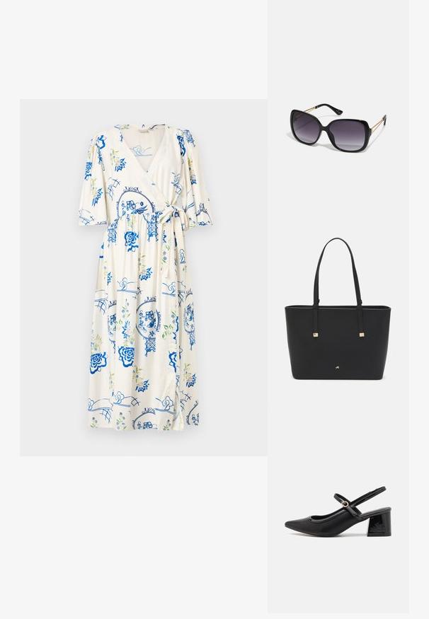 Wrap dress in light cream fabric, featuring blue floral patterns and green accents. Short puff sleeves, tie detail at the waist, and knee-length.; Black patent leather slingback heels with a pointed toe, a rounded cutout design, and a block heel. Features a gold-tone buckle accent.; Black oversized sunglasses with gradient lenses, thick frames, and gold-tone chain detailing on the temple arms.; Black tote bag made of synthetic material, featuring simple rectangular design, gold square accents, and double handles.