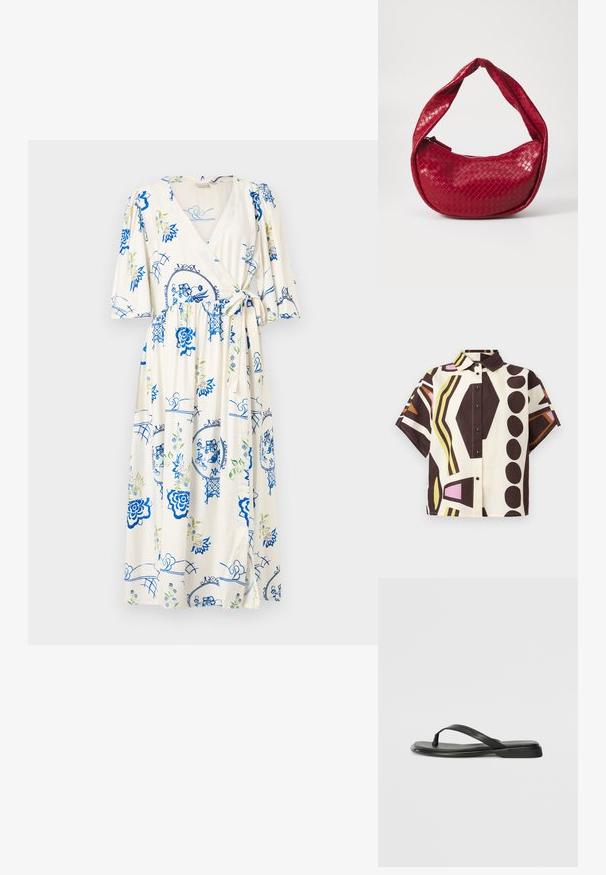 Vestido envolvente de tela crema claro, con patrones florales azules y acentos verdes. Mangas cortas abullonadas, detalle de lazo en la cintura y largo hasta la rodilla.; Camisa de manga corta con cuello, hecha de algodón, que presenta un diseño geométrico en marrón, crema, rosa y verde, con botones negros.; Chancla negra de piel suave, con un diseño de tira delgada y una suela plana de perfil mínimo. Sin patrones ni acentos notables.; Bolso de mano de cuero trenzado rojo con un asa curva y acolchada, cierre de cremallera y un acabado texturizado, que presenta un brillo brillante en toda su superficie.