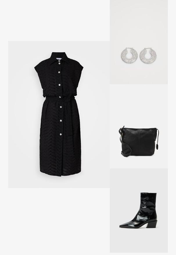 Svart skjortekjole med krage, med et teksturert sikksakkmønster og belte i midjen. Laget av lett materiale.; Sorte lakk ankle boots med spiss tå, teksturert overflate og tykk blokkhel. Strømlinjeformet design med en glatt, blank overflate.; Svart skinn crossover-veske med flat form, gullfarge detaljer og justerbar stropp. Glatt tekstur med minimale sømmer.; Sølv hoop øredobber prydet med flere klare krystallpynt, med en teksturert overflate og et åpent sirkulært design.
