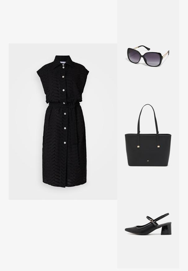 Schwarzes Hemdkleid mit Kragen, das ein strukturiertes Zickzackmuster und eine taillierte Taille aufweist. Aus leichtem Material hergestellt.; Schwarze Lackleder-Slingback-Absätze mit spitzer Zehenform, einem runden Ausschnitt-Design und einem Blockabsatz. Mit einem goldfarbenen Schnallenakzent.; Schwarze übergroße Sonnenbrille mit getönten Gläsern, dicken Rahmen und goldfarbener Kettendetaillierung an den Bügeln.; Schwarze Tragetasche aus synthetischem Material, mit einfachem rechteckigem Design, goldenen quadratischen Akzenten und doppelten Griffen.