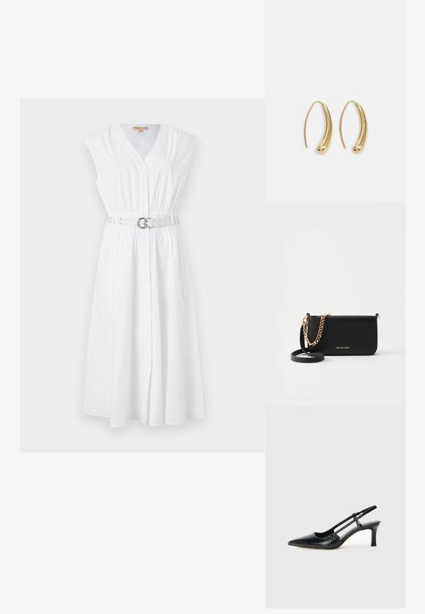 Balta be rankovių suknelė su V formos iškirpte, pasiūta liemens ir dekoratyviu diržu, kuriame yra sidabriniai smeigtukai ir apvalus sagtis. Lygus medvilninis audinys.; Juodai lakuoti slingback aukštakulniai su smailiu nosiu, su tekstūruotu gyvatės raštu, reguliuojama juosta ir trumpu, tekstūruotu blokiniu kulnu.; Juodas odinis rankinukas su auksine grandine, glotnus paviršius ir auksinė logotipo detalė. Pridedama reguliuojama dirželis, kad būtų patogi naudoti.; Auksinės metalinės auskarų kabės su lenktą, pailgą forma. Turi lygų, blizgantį paviršių ir užapvalintą galiuką papildomam akcentui.