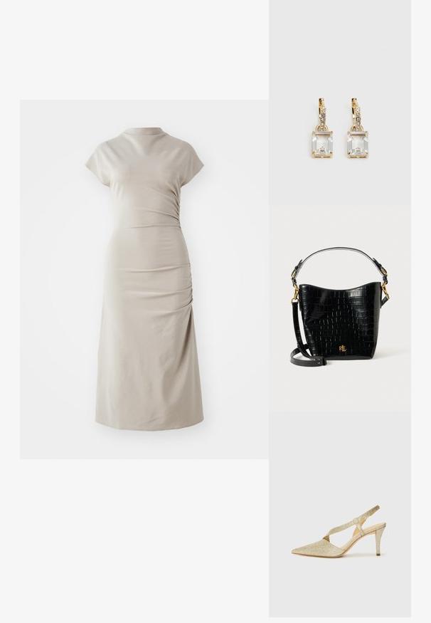 Bež midi kleit, valmistatud pehmest kangast, millel on kõrge kaelus, lühikesed varrukad ja külgedel rütmitamine, luues figuuri järgiva silueti.; Sädelevad kuldsed slingback kontsad terava ninaga, õhukese pahkluu rihmaga ja kitsa kandaga. Pinna peal on tekstuuriga metalliline viimistlus.; Mustad krokodillimustriga must nahast kott, millel on kõver kuju, kuldse riistvara aktsessid, reguleeritav rihm ning logodetail esiosas.; Kuldtooni kõrvarõngad, millel on ristkülikukujuline, selge kristall, mis ripub allapoole väikeste ümmarguste selgete aktsentide rida. Viimistletud, kaasaegne disain.