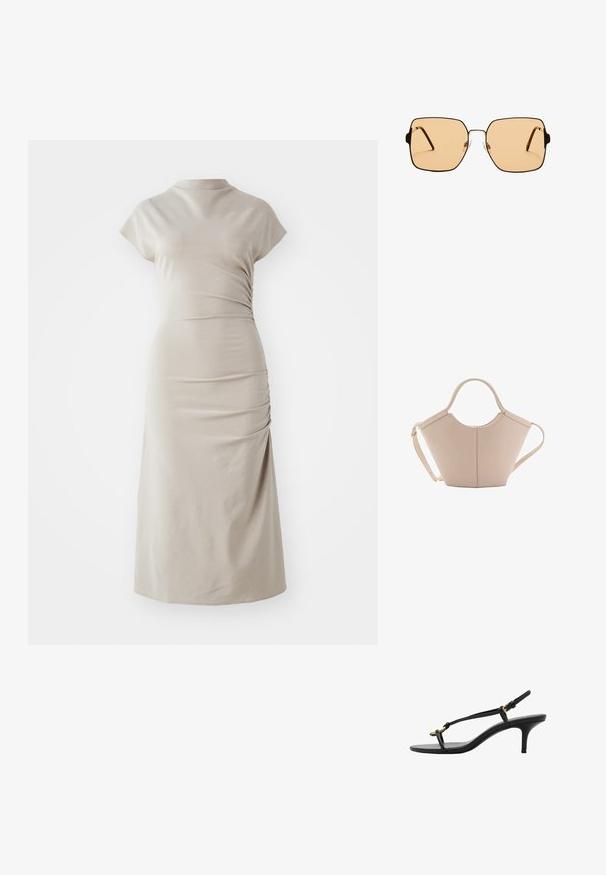 Beige midi šaty vyrobené z měkké tkaniny, s vysokým výstřihem, krátkými rukávy a detaily na boku s nařasením, vytvářejícími přiléhavý siluetu.; Černé kožené sandály na kotníkovém podpatku s tenkými pásky, zlatou sponou a minimalistickým provlečením na prstech na bílém pozadí.; Čtvercové sluneční brýle s hnědými skly a tenkým černým kovovým rámem. Mají šikmé stranice a nastavitelná nosní polštářky pro pohodlí.; Beige kožená kabelka s jedinečným tvarem, vybavená dvěma krátkými uchy a dlouhým nastavitelným popruhem. Hladká textura s minimem kovových doplňků.