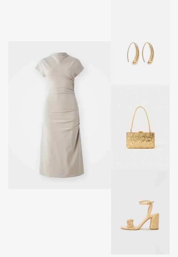 Beige midi-mekko, joka on valmistettu pehmeästä kankaasta ja jossa on korkea kaula-aukko, lyhyet hihat ja sivuilla rypytys, luoden tiukan siluetin.; Beige korkokengät, joissa on punottu pinta, koristeellinen kukka ja nilkkaremmi. Neliön muotoinen korko lisää vakautta.; Kultaiset paljetti-clutchet, joissa on suorakulmainen muotoilu, kierretty ketjukahva sekä metallinen lukitus, heijastavat valoa teksturoidun pinnan ansiosta.; Korvakorut kultasävytteistä metallista, joissa on kaareva, pitkänomainen muoto. Ominaisuuksiin kuuluu sileä, kiiltävä pinta ja pyöreä kärki lisäyksinä.