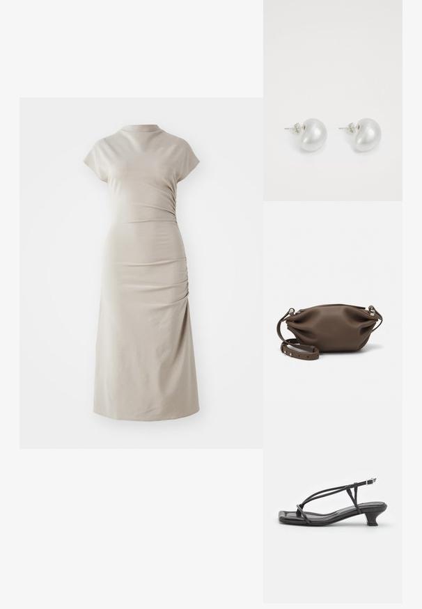 Rochie midi bej dintr-un material moale, cu guler înalt, mâneci scurte și detalii de pliere laterală, creând o siluetă ajustată.; Sandale negre din piele cu curele subțiri, toc mic pătrat și vârf pătrat. Prezintă o închidere cu cataramă și o textură netedă.; Geantă de mână din piele maronie, cu un design moale și structurat, având un sistem de închidere cu fermoar superior și o curea ajustabilă cu accente de hardware argintiu.; Cercei din perlă argintie cu o formă curbată, asemănătoare unei boabe. Suprafață netedă și strălucitoare, asigurată cu un sistem de fixare tip tijă și spate.