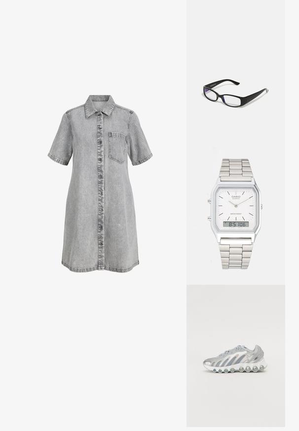 Grå denimkjole med knapfrontdesign, krave, korte ærmer og brystlomme. Har en let falmet tekstur.; Sølv- og grå atletisk sko med mesh-overdel, buet design og unik rund såle med gjennomsiktige dempeelementer.; Sorte rektangulære briller med klare linser. Glatt overflate, smale stenger og lilla nyanse synlig på kantene av linsene.; Sølv rustfritt stål klokke med firkantet kasse, hvit skjerm, analog og digital visning, og en metall lenkebånd. Vanntett design.