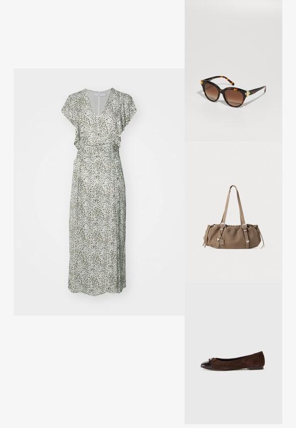 Maxi-jurk, V-hals, flutter mouwen, groen en beige abstract patroon, aansluitende taille, vloeiende stof, lengte tot halverwege het kalf.; Bruine suède balletschoenen met een glanzend donkerbruin patenten leren neuskap en een kleine strikaccent aan de voorkant. Platte hak.; Schildpadbril met een vlindervorm, vergrote bruin gekleurde lenzen en gouden accenten aan de voorkant, met slanke armen met een glanzende afwerking.; Bruine suède handtas met een gerimpelde bovenkant, zilveren hardware accenten en twee schouderbanden. Heeft een rechthoekige vorm en een minimalistisch design.
