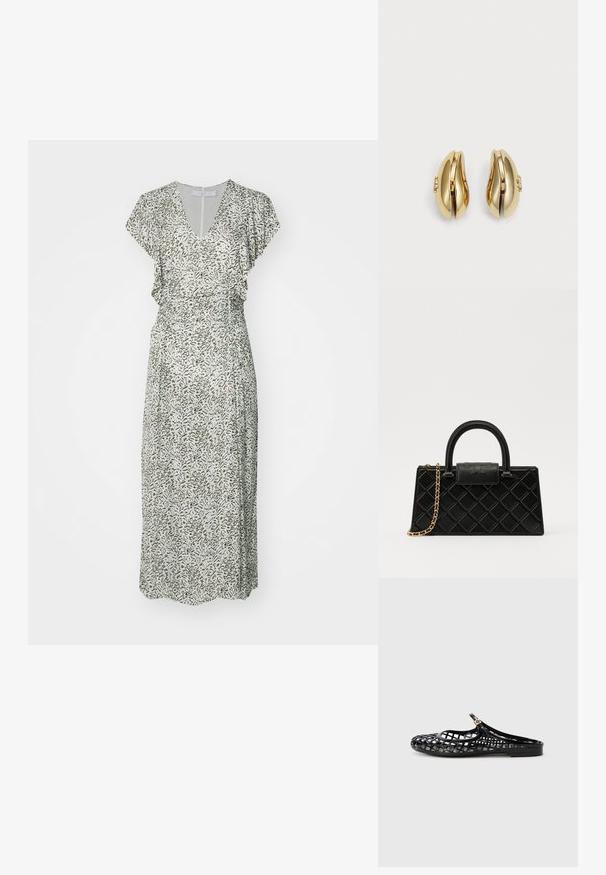 Robe maxi, décolleté en V, manches flottantes, motif abstrait vert et beige, taille cintrée, tissu fluide, longueur mi-mollet.; Tory Burch MELLOW MARY JANE - Mules - perfect black/gold; Sac à main noir en cuir texturé, avec un motif en diamant, une sangle en chaîne dorée, et une poignée supérieure avec un rabat à fermeture logotypée.; Boucles d'oreilles en ton or avec un design fluide et courbé. Chaque boucle d'oreille présente une surface lisse et un petit fermoir avec un détail décoratif.