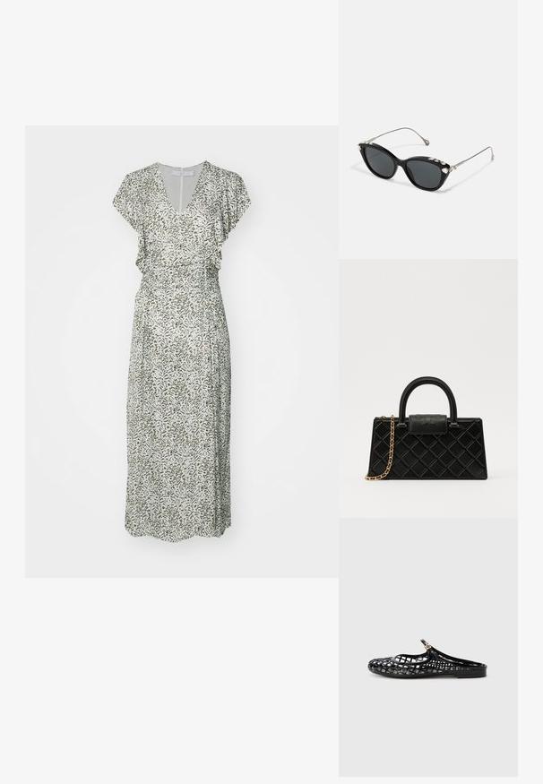 Maxi mekko, V-pääntie, liehuvilta hihoilta, vihreä ja beige abstrakti kuvio, tiukka vyötärö, laskeutuva kangas, puolipitkä pituus.; Tory Burch MELLOW MARY JANE - Matalakantaiset pistokkaat - perfect black/gold; Mustat kissansilmät aurinkolasit harmailla linsseillä, joissa on metallirunko ja koristeellisia kivinäytteitä yläreunassa. Minimalistinen muotoilu sleek-linjoilla.; Mustaväri käsilaukku, joka on valmistettu teksturoidusta nahasta ja jossa on timanttikuvio, kultasävyinen ketjuolkaintassa ja pääkahva, jossa on logolla painettu läppä.