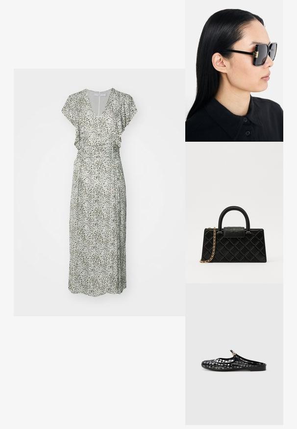 Maxikleid, V-Ausschnitt, fließende Ärmel, grün-beige abstraktes Muster, tailliert, fließender Stoff, knielange Länge.; Tory Burch MELLOW MARY JANE - Pantolette flach - perfect black/gold; Tory Burch Sonnenbrille - black/dark grey; Schwarze Handtasche aus strukturiertem Leder mit einem Diamantmuster, goldfarbener Kette, einem oberen Griff und einem Logo-Prägung Klappenverschluss.