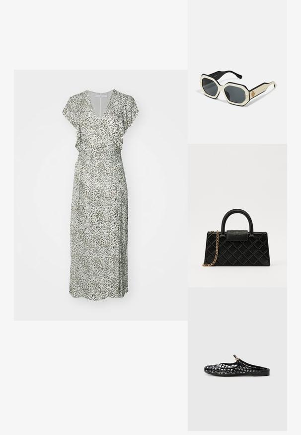 Maxi-jurk, V-hals, flutter mouwen, groen en beige abstract patroon, aansluitende taille, vloeiende stof, lengte tot halverwege het kalf.; Tory Burch MELLOW MARY JANE - Muiltjes - perfect black/gold; Zonnebril met een octagonaal wit frame, zwarte randen en grijze lenzen. Gouden logo detail aan de zijkant voegt een onderscheidend accent toe.; Zwarte handtas van gestructureerd leer, met een diamanten patroon, een kettinghengsel in goudkleur, en een bovenhandvat met een logo-gegraveerde flapsluiting.