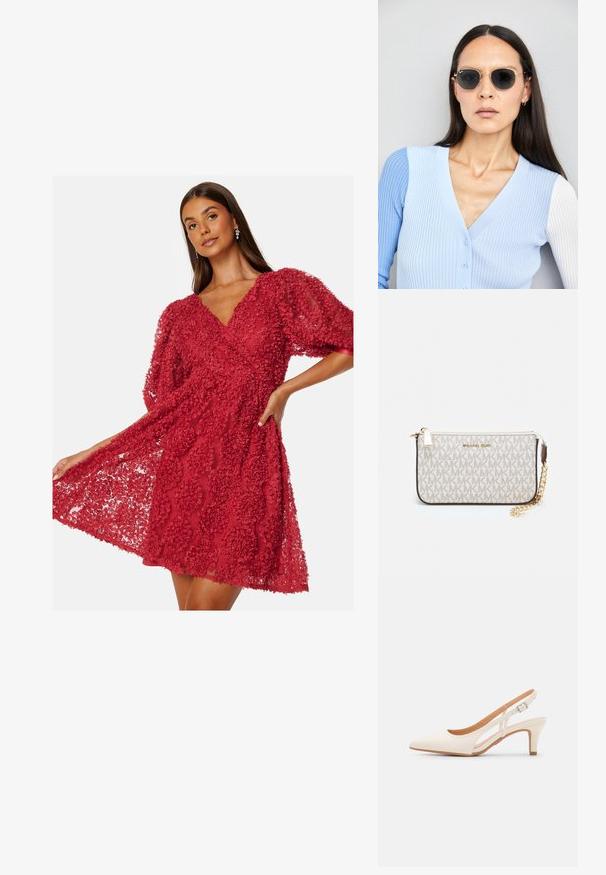 Červené šaty vyrobené z texturované látky s květinovým vzorem. Obsahují krátké, vypuštěné rukávy a design s výstřihem do V. Rozšířený lem.; Bílé lodičky na podpatku s špicatou špičkou, hladkým svrškem, nízkým blokovým podpatkem a designem s bočním výřezem se stahovací sponou.; Kulaté sluneční brýle s tmavými čočkami a zlatými rámy. Modelka má na sobě světle modrý žebrovaný kardigan s knoflíky a kontrastními bílými rukávy.; Kabelka na zápěstí Michael Kors v béžové potažené plátno s opakujícím se vzorem loga MK, zlatými kovovými doplňky a odnímatelným řetízkovým popruhem.