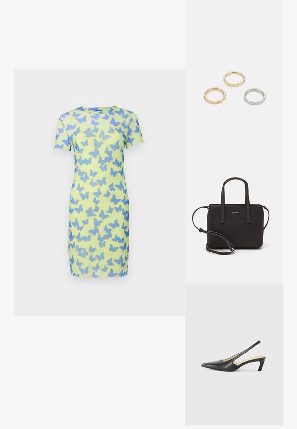 Vestido de mangas cortas en tejido verde claro, con un patrón de mariposas en azul y rosa. Textura suave con una silueta ajustada.; Zapato negro de punta afilada tipo slingback con un tacón bajo, que presenta un material de cuero suave y un diseño recortado en el lateral para mayor transpirabilidad.; Bolso de mano negro con dos asas cortas y una correa de hombro removible. Material suave tipo cuero con cierre de cremallera y detalle del logo.; Tres anillos de metal: uno de oro rosado, uno de oro con acentos texturizados y uno de plata, todos con marcas grabadas en la parte interior.