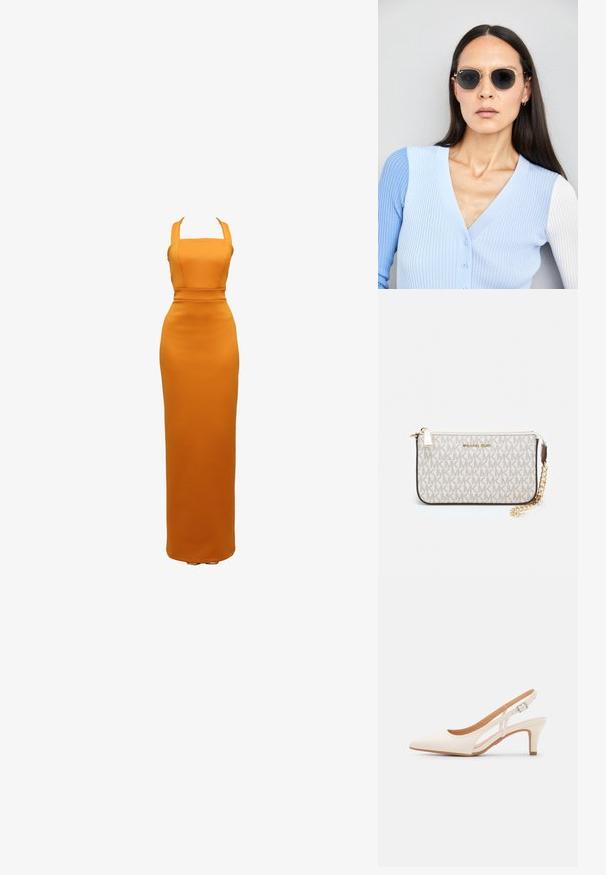 Narancssárga, testhezálló maxi ruha széles vállpántokkal és struktúrált felsőrészsel. Simaság, egyszínű minta, földig érő kivitel.; Fehér slingback sarok, hegyes orral, sima felső anyaggal, alacsony blokk sarkával és oldalsó kivágott dizájnnal, állítható csatpánttal.; Kerek napszemüveg sötét lencsékkel és arany kerettel. A modellen világoskék, bordázott kardigán van gombokkal és kontrasztos fehér ujjaival.; Michael Kors bézs bevonatos vászon karkötő, amely ismétlődő MK logó mintával, aranyszínű fémrészletekkel és levehető lánchordóval rendelkezik.