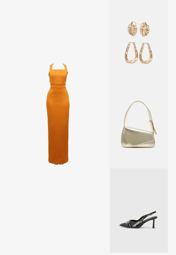 Oranzhi, keha järgiv maxi kleit, millel on laiad õlavarre pandlad ja struktureeritud rinnaosa. Sile tekstuur ja ühtlane muster, põrandani ulatuv disain.; Must musta nahk kingad sanga ja terava ninaga, ankle strapidega, millel on hõbedased pandlad ja riistvara ning õhuke konts.; Kuldmetallist käekott, millel on struktureeritud disain, sile tekstuur ja reguleeritav rihm. Omab ainulaadset kolmnurkset kuju ja minimalistlikku õmblust.; Kuldse värvi kõrvarõngad, mis on kaunistatud tekstuursete ja laineliste kujunditega. Komplektis on skulpturaalsed klamber kõrvarõngad ja avatud rõngasdisain, millel on lõhestatud viimistlus.
