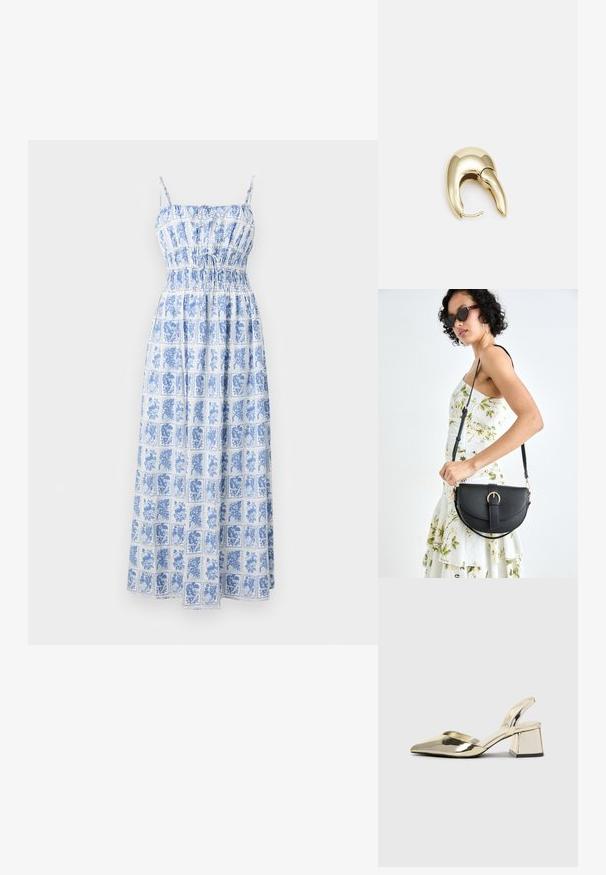 Maksikleit sinise ja valge lilledega mosaiigimustriga, reguleeritavad õlakuprad, kogutud rinnaosa ja voogav seelik. Valmistatud kergest kangast.; Kuldne, metallilised slingback-kudumid terava varba ja paksu kontsaga. Sile tekstuur, minimalistlik disain ja kitsas rihm.; Mustmust mustraha kõverate joontega, eemaldatava rihmaga ja kuldsete detailidega. Kotil on klapp, millel on pandladetail.; Kuldtooni metallist kõrvarõngas, millel on elegantne ja kaarjas disain. Omab silmapaistvat teravat kuju, poleeritud pinda ja hingesulgemist.