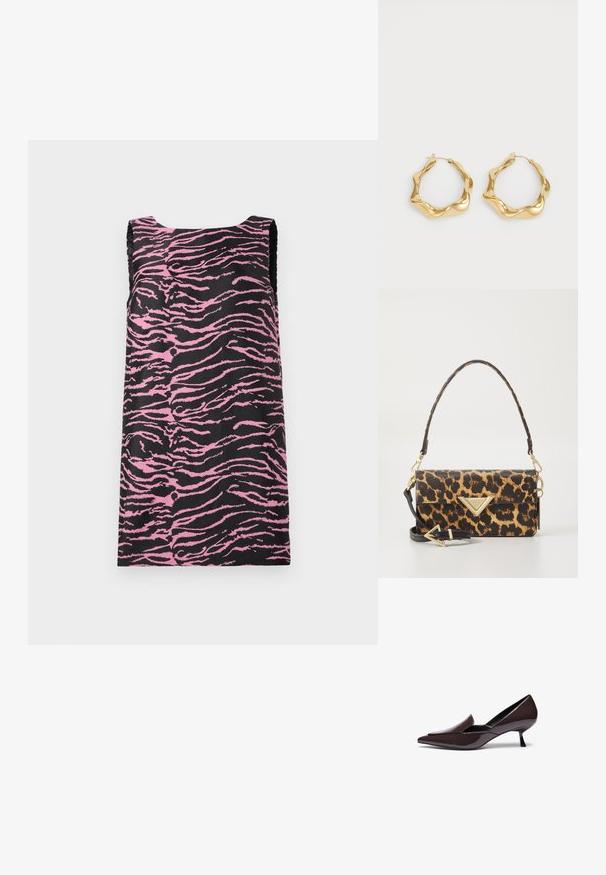 Bezrukávové šaty z černé tkaniny s růžovým tygřím pruhem, rovného střihu a hladké textury. Žádné viditelné kovové prvky ani detaily.; Lodičkové boty s špičatou špičkou z tmavě hnědé lakované kůže s nízkým jehlovým podpatkem a elegantním střihem, se mírně zvýšeným vampem.; Kabelka s leopardím potiskem z texturované ekologické kůže, s akcentem ve tvaru zlato-tonového trojúhelníku a odnímatelným ramenním popruhem.; Zlaté kruhové náušnice s vlnitým texturovaným designem. Mají tenké drátové zapínání a lesklý, reflexní povrch.