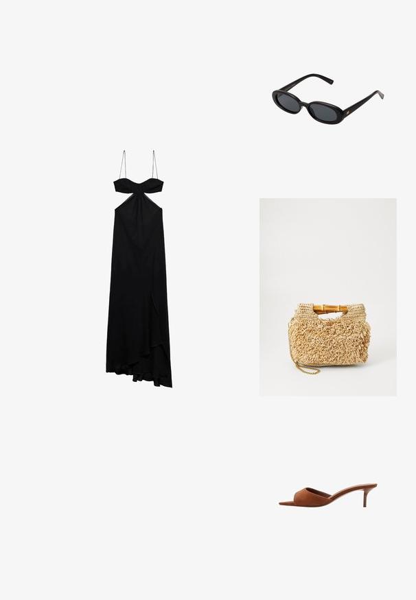 Black maxi dress with thin straps, knot detail at the bust, and front slit. Soft fabric with a flowing silhouette and asymmetrical hem.; Brown suede open-toe mules with a curved design, featuring a low stiletto heel and smooth, minimalist lines.; Black oversized sunglasses with oval lenses, smooth plastic frame, and gold accents on temple. Dark lenses provide sun protection.; Woven straw handbag with bamboo handles, featuring a textured fringe design in natural beige and a gold chain strap.