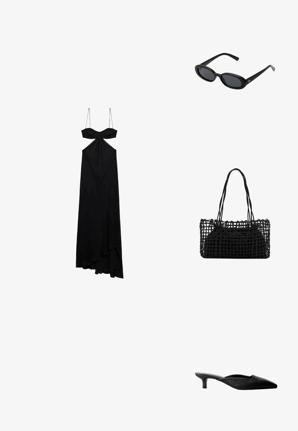 Čierne maxi šaty s tenkými ramienkami, s detailom uzla na poprsí a predným rozparkom. Mäkká látka s voľnou siluetou a asymetrickým lemom.; Čierne kožené muly na podpätku s špicatou špičkou, otvorenou zadnou časťou a nízkym blokovým podpätkom. Hladká textura s minimalistickým dizajnom.; Čierne oversized slnečné okuliare s oválnymi šošovkami, hladkým plastovým rámom a zlatými akcentmi na straniciach. Tmavé šošovky poskytujú ochranu pred slnkom.; Čierna tkaná kabelka s otvoreným sieťovým dizajnom a dvoma dlhými úchytmi. Obsahuje pevnú čiernu vnútornú tašku na uskladnenie.