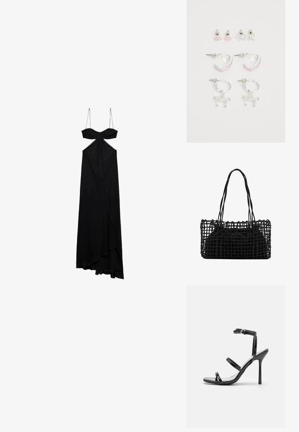 Musta maksimekko ohuilla hihnoilla, solmukohtaa rinnan kohdalla ja edessä halkio. Pehmeä kangas, joka laskeutuu kauniisti ja epäsymmetrinen helma.; Musta patenttineuleinen korkeakorko sandaalit, joissa on kolme vaakasuoraa hihnaa ja säädettävä nilkkahihna. Tyylikäs siluetti ja kiiltävä pinta.; Mustankudottu käsilaukku, jossa on avoin verkkomuotoilu ja kaksi pitkää kahvaa. Sisältää kiinteän mustan sisäpusseja säilytystä varten.; Neljä korvakorua sisältävä sarja: kaksi hopeista rengasta, joissa on vaaleanpunaisia yksityiskohtia, sekä kaksi kuulakäyttöistä korvakorua sydämen ja nauhan muodoissa, kaikki kiiltävän metallipintaisina.