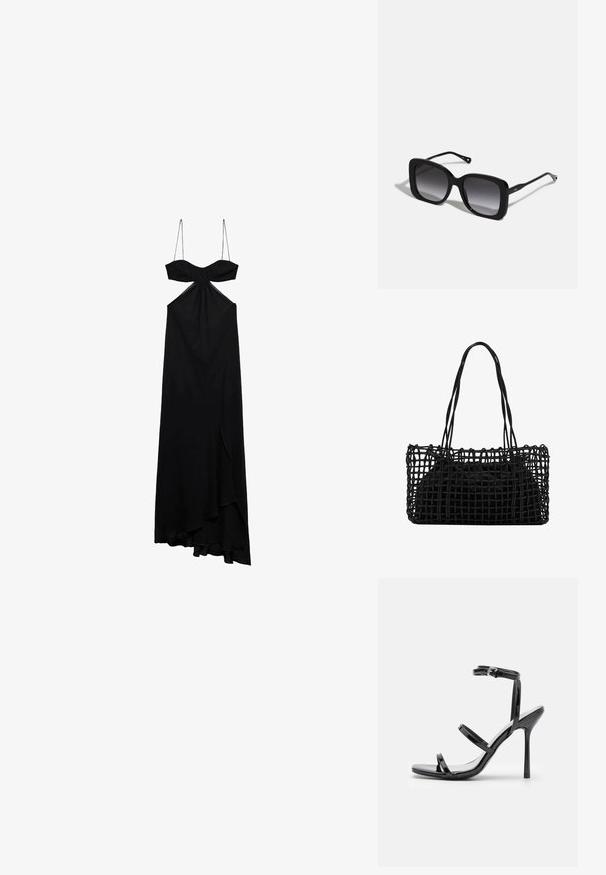 Sort maxikjole med tynde stropper, knudedetalje ved brystet og slids foran. Blødt stof med en flydende silhuet og asymmetrisk kant.; Sorte patentlæder højhælede sandaler med tre horisontale stropper og en justerbar ankelstrop. Elegant silhuet og skinnende finish.; CHLOÉ Solbriller - black; Sort vævet håndtaske med et åbent netdesign og to lange håndtag. Indeholder en solid sort indersæk til opbevaring.