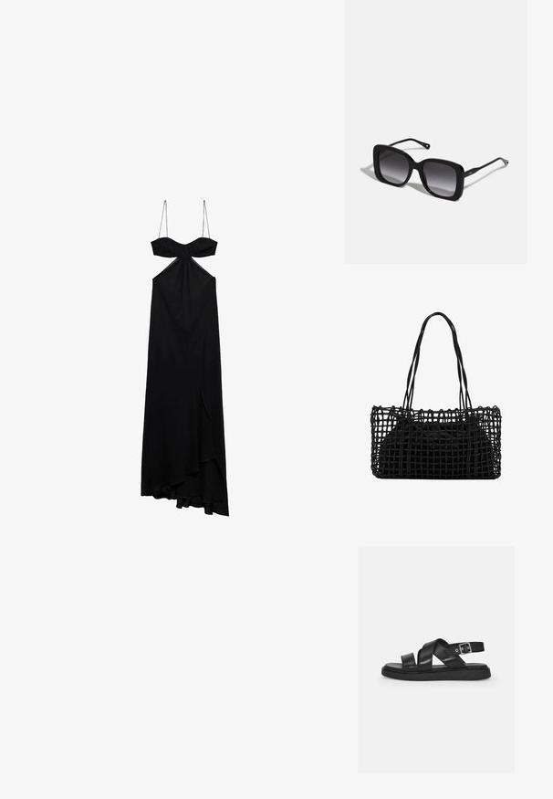 Sort maxikjole med tynde stropper, knudedetalje ved brystet og slids foran. Blødt stof med en flydende silhuet og asymmetrisk kant.; Sorte lædersandaler med krydsende stropper, justerbar ankelspænde, flad sål og minimalistisk design. Glat tekstur med mat finish.; CHLOÉ Solbriller - black; Sort vævet håndtaske med et åbent netdesign og to lange håndtag. Indeholder en solid sort indersæk til opbevaring.