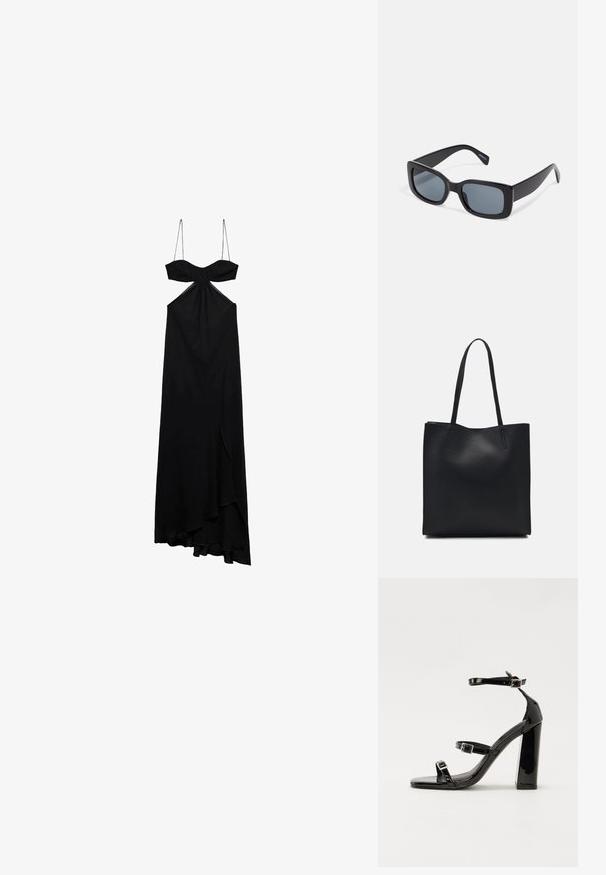 Rochie maxi neagră cu bretele subțiri, detaliu în nod la bust și fante în față. Material moale cu o siluetă fluidă și tiv asimetric.; Sandale cu toc din patent negru, cu vârf pătrat, curele la gleznă și catarame din argint. Dispune de un toc gros pentru stabilitate.; Ochelari de soare negri rectangulari cu lentile întunecate, cadru gros din plastic și tâmple late. Suprafață netedă și design unghiular.; Geantă tote neagră din piele, cu textură netedă, formă rectangulară și două mânere lungi. Fără hardware vizibil sau ornamente.