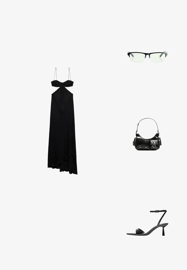 Črna maksi obleka z tankimi naramnicami, z vozeljem na prsih in sprednjim razporkom. Mehka tkanina s tekočo silhueto in asimetrično robom.; Bershka Sandali z visoko peto - black; Črne pravokotne očala z prozornimi lečami, ki imajo elegantne črne okvirje in siva prozorna ročaja. Minimalistična zasnova, brez vidne blagovne znamke.; Črna lakasta usnjena torbica s ukrivljeno obliko, enim ramenskim trakom, sprednjimi žepi in srebrnimi kovinskimi dodatki.