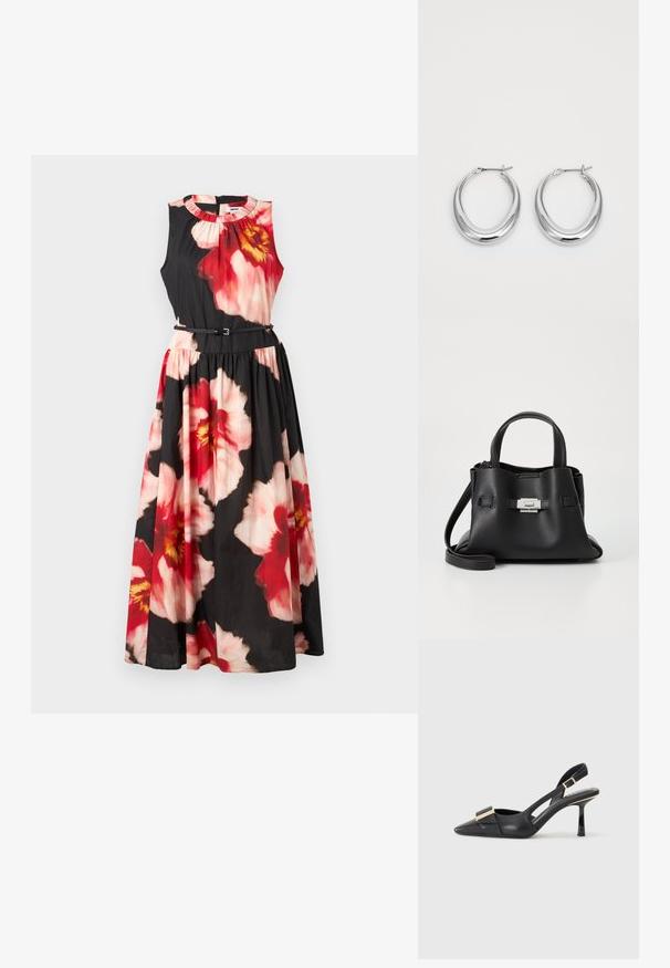 Ujjatlan ruha, amelynek nagy piros és rózsaszín virágmintái vannak fekete háttéren, pliszírozott felsőrésszel és egy karcsúsító fekete övvel a deréknál.; Fekete bőr slingback cipő hegyes orral, karcsú sarkal és aranyszínű kiegészítővel a lábfej résznél. Simább szerkezet és letisztult dizájn.; Fekete bőr kézitáska struktúrált felülettel, két felső fogantyúval, levehető vállpánttal és ezüst színű csattal.; Fényes ezüst félhold alakú karika fülbevaló pár, zsanéros kapoccsal, fehér háttéren.