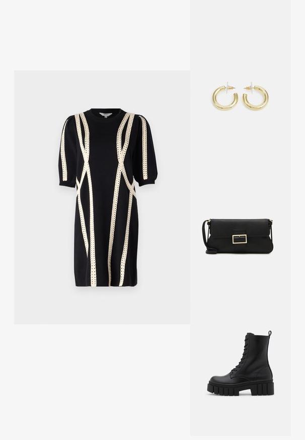 Juoda megzta suknelė su pūstu rankovėmis, su kremine dekoratyvine siuvinėta linijine raštų kompozicija. Apvalus iškirpimas ir kelio ilgio kirpimas.; Juodos odinės kulkšnės botai su masyviu, dantytu padu, raištelių užsegimu priekyje ir kilpeliu ant sklandaus balto fono.; Juodas odinis dėkliukas su atvarteliu ir auksinės metalinės sagties detalėmis. Įeina juodas diržas ir elegantiškas, minimalistinis dizainas.; Aukso auskarai su lygiu, blizgiu paviršiumi. Apvalus dizainas su maža užrakto dalimi ir skaidria atrama saugiam nešiojimui.