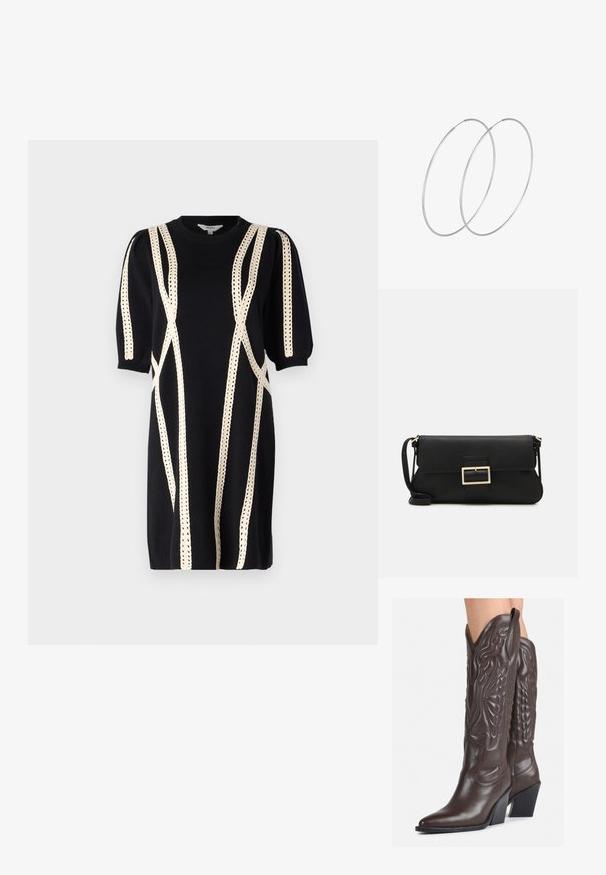 Crna pletena haljina s raglan rukavima, koja ima kremaste ukrasne šavove u linearnih uzorcima. Okrugli izrez i dužina do koljena.; Smeđe kožne kauboj čizme s šiljastim vrhom i blok-potpeticom, s detaljno izvezenim šavovima i uzdignutim naglascima na okovu.; Crna kožna clutch torbica s preklopom i zlatnim metalnim detaljem kopče. Uključuje crnu trakicu i elegantan, minimalistički dizajn.; Srebrne okrugle naušnice s minimalističkim dizajnom. Kružni oblik, glatka tekstura i tanak profil. Lagane s poliranim završetkom.
