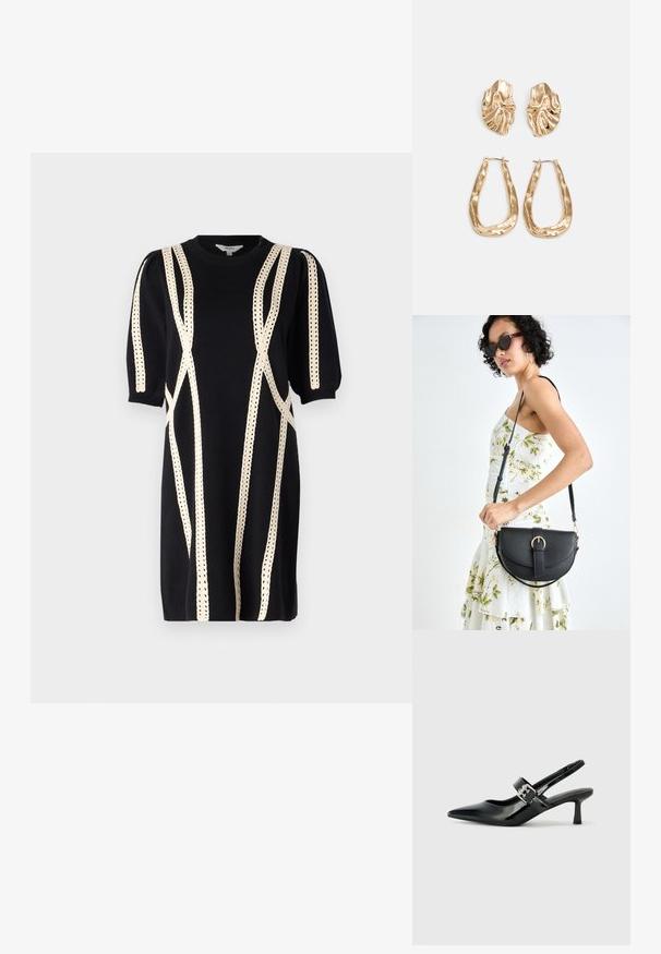 Schwarzes Strickkleid mit Puffärmeln, verziert mit cremefarbenen dekorativen Nähten in linearen Mustern. Rundhalsausschnitt und knielanger Schnitt.; Schwarze Lackleder Slingback-Absätze mit spitzem Zeh und kleinem Blockabsatz, ausgestattet mit einem silbernen Schnallenakzent am Riemen.; Schwarze Lederhandtasche mit geschwungener Form, abnehmbarem Tragegurt und goldenen Beschlägen. Die Tasche verfügt über einen Deckel mit einer Schnallen-Details.; Ohrringe in Goldoptik mit strukturierten, gewellten Formen. Beinhaltet skulpturale Clip-Ohrringe und ein offenes Hoop-Design mit gehämmertem Finish.