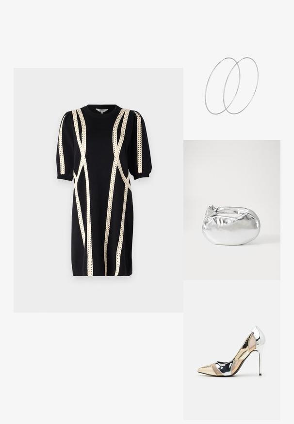 Vestido de punto negro con mangas abullonadas, que presenta un bordado decorativo en crema con patrones lineales. Escote clásico y corte a la altura de la rodilla.; Zapato de tacón alto con punta afilada en una combinación de colores plateado, dorado y nude. Acabado brillante con diseño recortado, que presenta un tacón de aguja.; Bolsa de pouch metálica plateada con una forma suave y redondeada y un cierre en la parte superior con un nudo. Hecha de un material de imitación de cuero suave.; Pendientes de aro plateados con un diseño minimalista. Forma circular, textura suave y perfil delgado. Livianos con un acabado pulido.