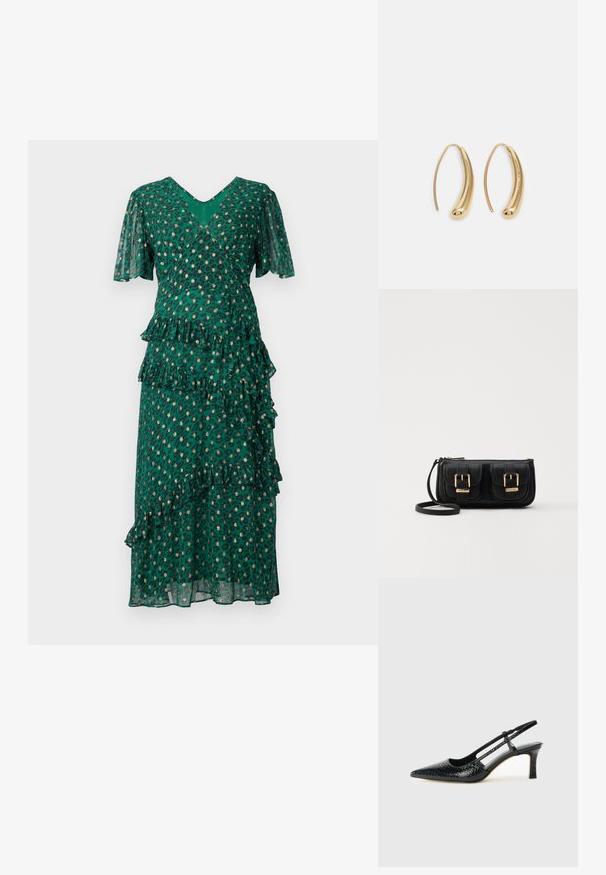 Grønn kjole med leopardflekker, lagdelte volanger ved midjen og nederkant, korte klokkermer, og en dyp V-hals. Lett, gjennomsiktig stoff.; Sorte patent slingback hæl med spids tå, featuring tekstureret slangeskind, justerbar rem og en kort, tekstureret blokhæl.; Svart skinn crossbody veske med to frontlommer, gyldne spenner, glidelåslukking og en slank stropp. Teksturert overflate og kompakt rektangulær form.; Gullfargede metalløredobber med en buet, forlenget form. Har en jevn, blank overflate og en avrundet tupp for ekstra detaljer.