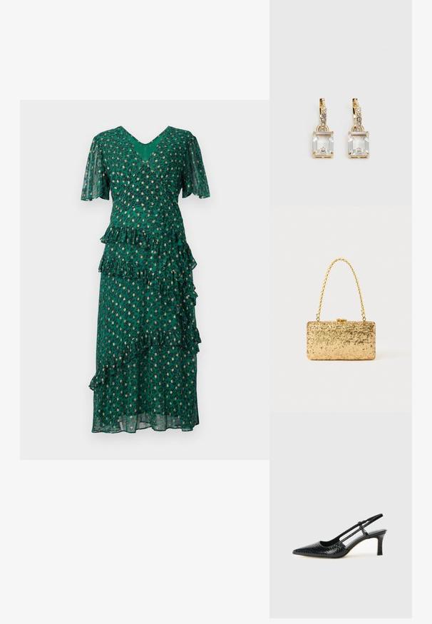 Zaļa kleita ar leopardu plankumiem, ar kārtainām volāniem jostas un apakšmalas daļā, īsām zvana piedurknēm un dziļu V-veida kakla izgriezumu. Viegls, caurspīdīgs audums.; Melna patent āda ar slīdošo papēdi un smailo purngalu, ar teksturētu čūsku drukājumu, regulējamu siksniņu un īsu teksturētu blokpapēdi.; Zelta sekmju soma ar taisnstūra formu, kurai ir savīti ķēdes rokturi un metāla aizdare, kas atspoguļo gaismu ar teksturētu apdari.; Zeltītas auskaru rotas, kuru centrā ir taisnstūra formas caurspīdīgs kristāls, kas karājas zem mazu, apaļu caurspīdīgu akcentu rindas. Elegants, mūsdienīgs dizains.