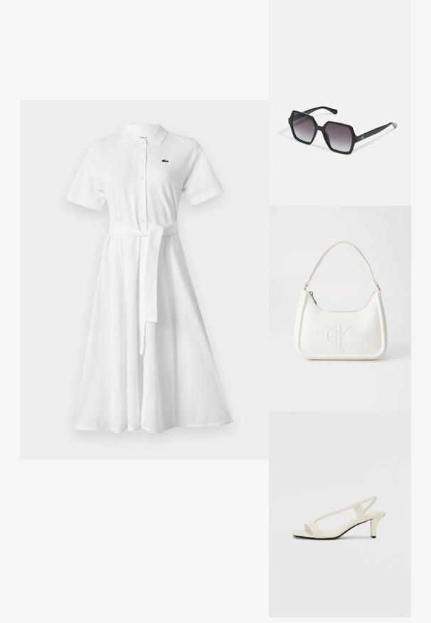Abito polo bianco con colletto, maniche corte, chiusura frontale con bottoni, vita cinchata con cintura e logo sul lato sinistro.; Sandali con tacco a blocco beige, con sottili cinturini e punta quadrata. Materiale liscio con dettagli minimi, progettati per un facile utilizzo.; Occhiali da sole esagonali neri con lenti sfumate, caratterizzati da una finitura lucida e da un marchio discretamente visibile sulla tempia. Costruzione in plastica resistente.; Borsa a tracolla in pelle bianca con forma curva, dotata di un logo "CK" impresso sul davanti e una singola tracolla. Chiusura a zip nella parte superiore.
